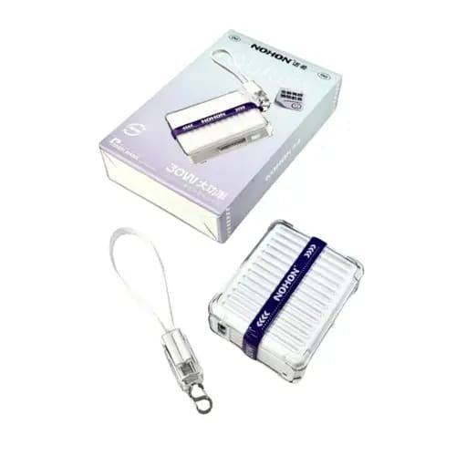 10000mAh 30W Fast Charging Mini Power Bank | Transparent Case | 3-in-1 Cable | Digital Display | Detachable Type-C | Purple | Light weight
